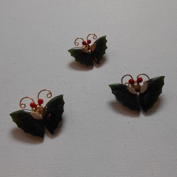 3 Vintage Jade Butterfly Brooch Pendant - Picture 3 of 4